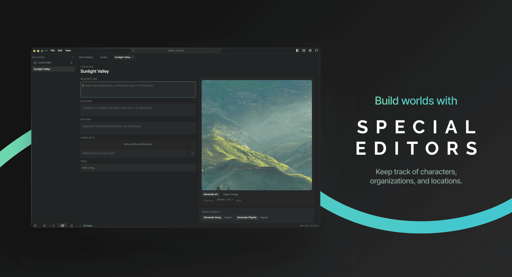 Dedicated editors for characters, locations, and organizations